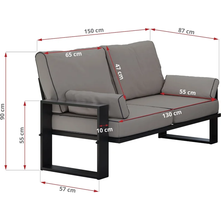 Outdoor 2-Sitzer Gartensofa, schwarze Metallbeine, Gartensofa für die Terrasse - ELBA S2 - grau – Bild 8