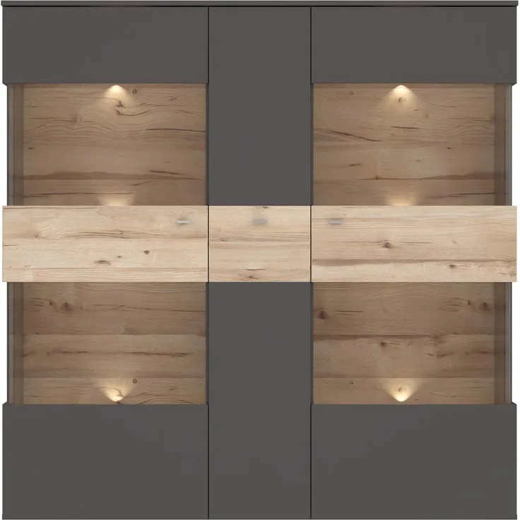 Highboard Vitrine COMO 3-trg. Optik: Grau / Planked Eiche von Forte