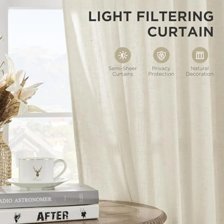 Joydeco Leinen-Vorhänge für Wohnzimmer, Lichtfilterung, Stangentasche, Rückenlasche, halbtransparente Vorhänge, Fenster, Lange Vorhänge, 228,6 cm lang, elfenbeinfarben – Bild 3