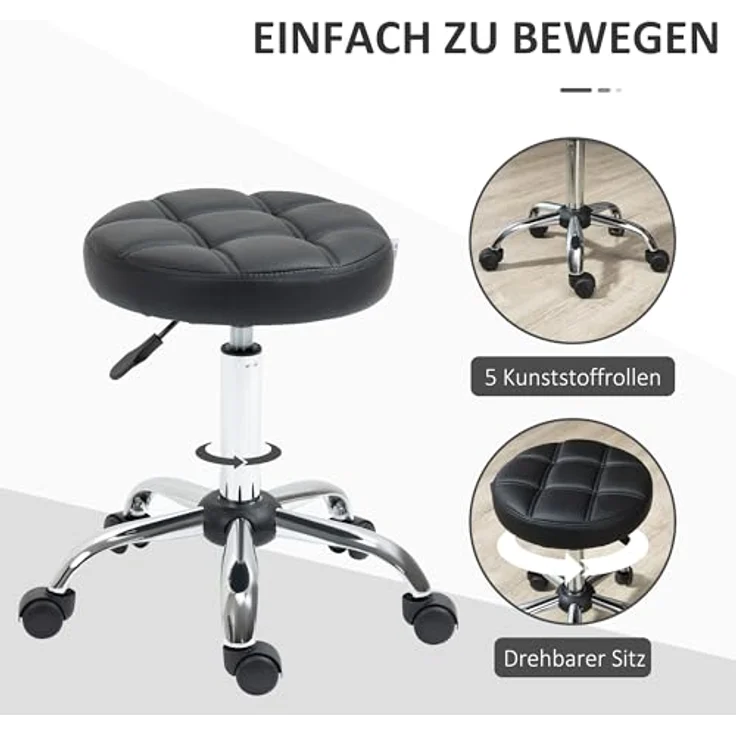 HOMCOM 2er-Set Rollhocker höhenverstellbar, Drehhocker 48-63 cm, Arbeitshocker 360° drehbar, Bürohocker für Büro, Salon, Massage, Spa, Schwarz – Bild 7