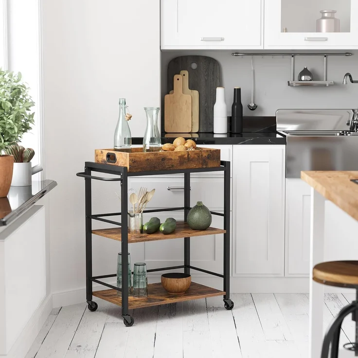 Vasagle Servierwagen mit abnehmbarem Tablett, feststellbarer Küchenwagen mit Universalrollen, Küchenregal, 65 x 40 x 86 cm, stabiles Metallgestell, Industrie-Design, Vintage, dunkelbraun von Songmics LRC72X – Bild 9