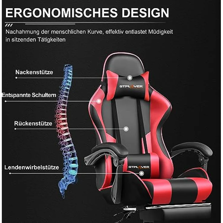 GTPLAYER Gaming Stuhl Bürostuhl Massage Gaming Sessel Ergonomischer Gamer Stuhl mit Fußstütze, Kopfstütze Massage-Lendenkissen, Gepolstert Gaming Chair, Drehsessel, rot – Bild 5
