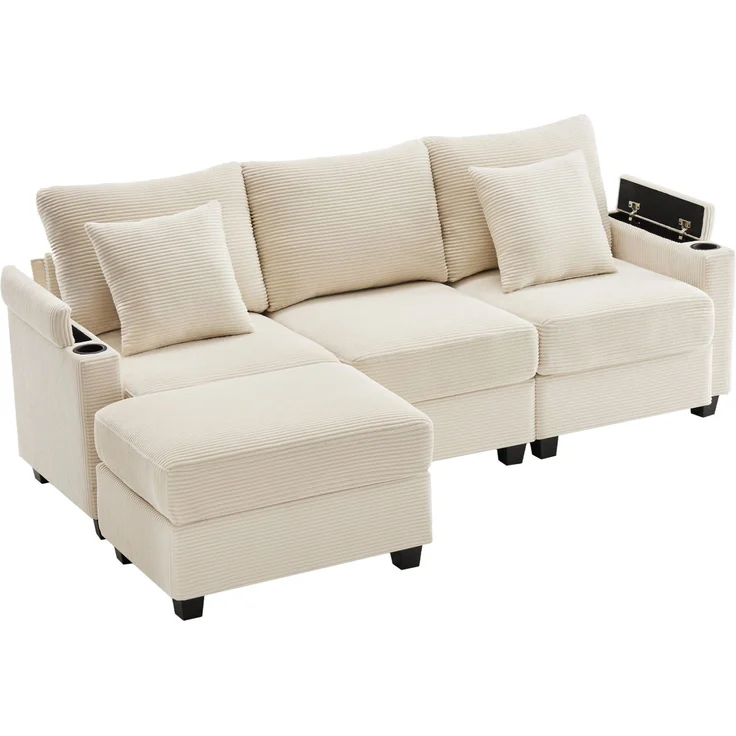 DESVIAE Sofa mit beweglichem Hocker und USB-Anschluss 213,5x87x139 cm Cord Beige – Bild 8