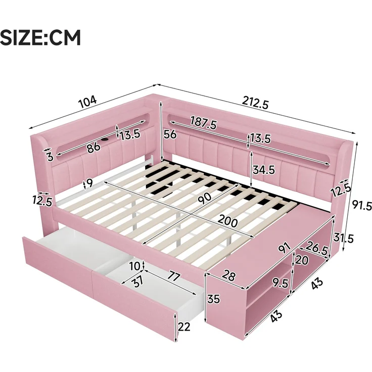 Merax Kinderbett, Einzelbett, Schlafsofa 90x200cm mit USB-Anschluss und LED-Lichtleiste, inklusive Schuhschrank und zwei Schubladen, Rosa – Bild 4