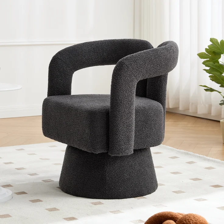 LVHOM Polsterstuhl 360° drehbar, Drehsessel Bouclé-Stoff, Loungesessel mit Armlehnen, Armlehnenstuhl Relaxsessel, Dunkelgrau – Bild 6