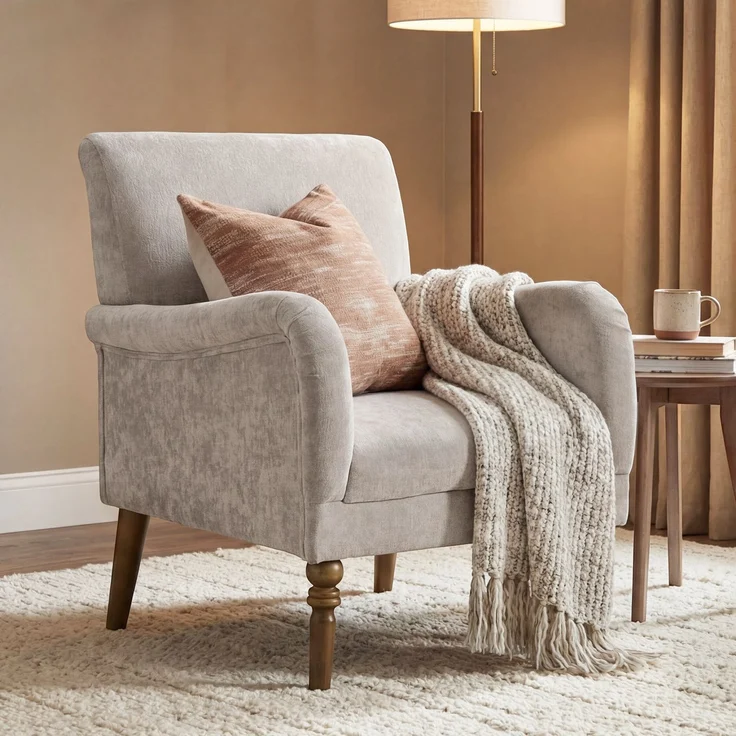 Wohnora-Lounge-Sessel, 1-Sitzer-Sofa mit hoher Rückenlehne, Armlehnen, breiter Sitzfläche, Beinen aus Gummibaumholz, Leinenbezug, grau,H 88cm x T 75cm x B 70cm – Bild 2