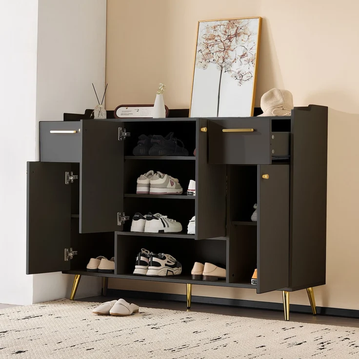 Merax Schuhschrank, Schuhregal mit 2 Schubladen und 4 Türen, Metallfüße, Maße: B130/W37/H100, schwarz – Bild 5