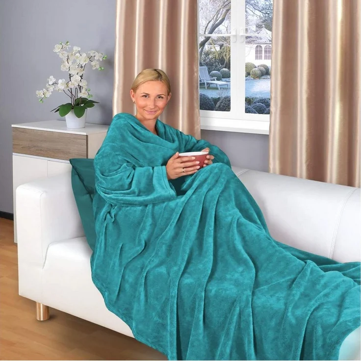 Wohndecke flauschige, tragbare Kuscheldecke mit Ärmeln und Fußtasche, Gräfenstayn, warme Ärmeldecke - TV Decke zum Anziehen - 180x150cm türkis – Bild 2