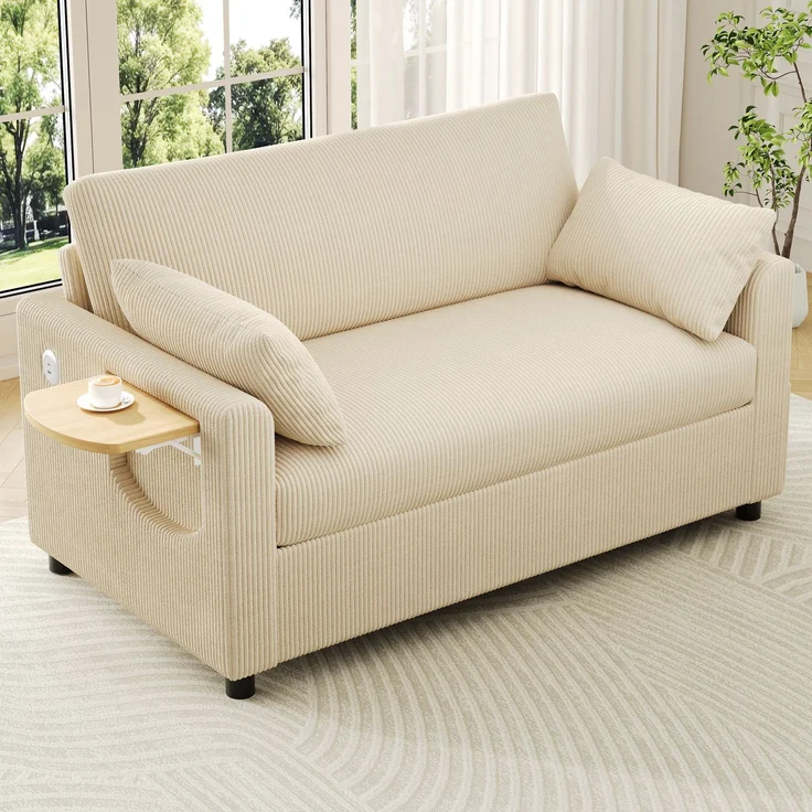Schlafsofa 134/223x82x84 cm in Beige, Cord mit Schlaffunktion, Matratze, USB/USB-C und klappbarem Seitentisch – Bild 1