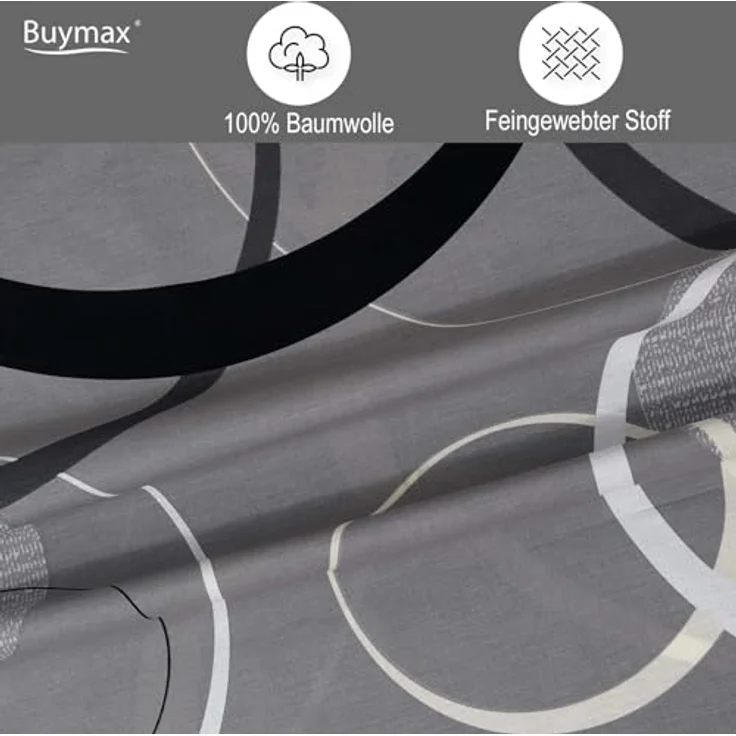 Buymax Bettwäsche Wave, Bettgarnitur, Bettbezug Set, Renforcé: 100% Baumwolle, 2 teilig, mit Reißverschluss, gemustert, Kreise, Grau, Schwarz, 155x220 cm – Bild 5