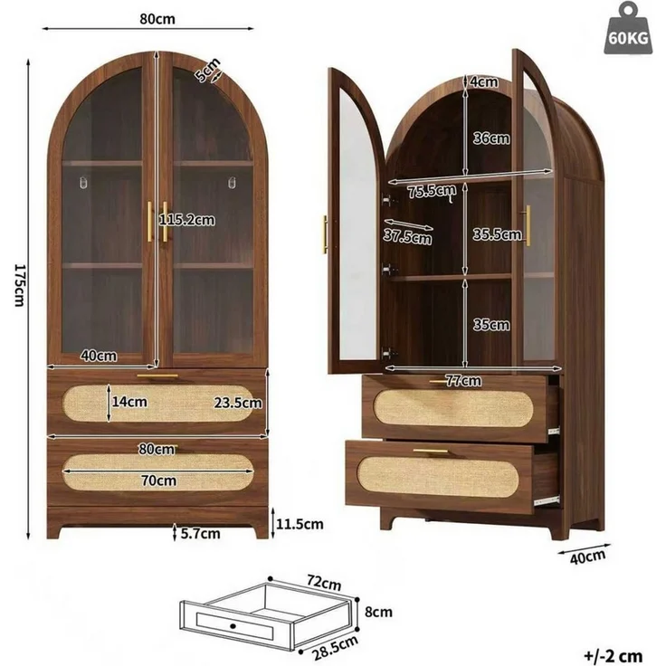 Flieks Vitrine Glasvitrine Montmartre-Bogen in Retro-Design Multifunktionsschrank (Mehrzweckschrank mit verstellbaren Einlegeböden, 1-St, H175xB80xT40cm) Hochschrank mit Glastür, Rattan Schubladen Bücherregal Walnussfarbe – Bild 4