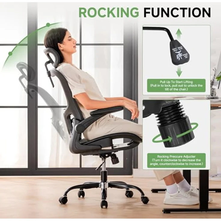 GTPLAYER Bürostuhl Ergonomisch, Schreibtischstuhl mit Verstellbarer Kopfstütze, Armlehnen, Lendenwirbelstütze, Büro Stuhl & Gaming Stuhl Wippfunktion, Chefsessel aus Mesh, 150kg(Tiefschwarz) – Bild 7