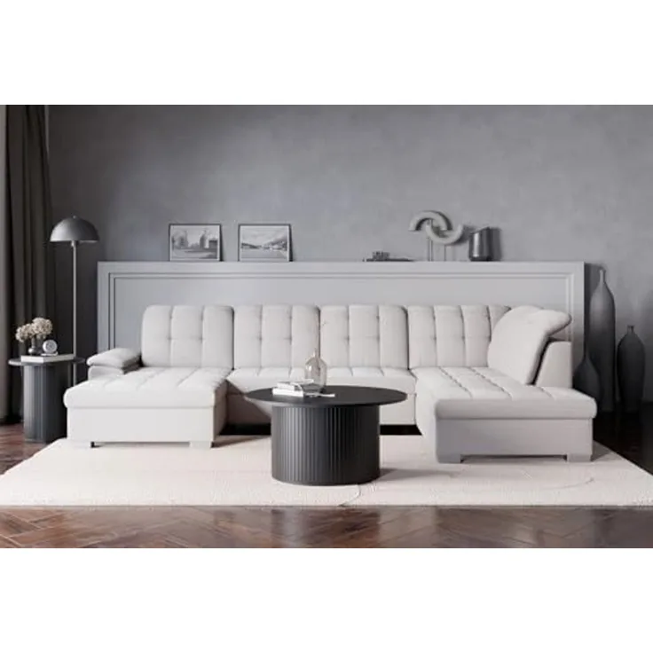 Selsey Ecksofa 330 x 212 cm U-Form Creme Modular Couch Sofa Mit Schlaffunktion Ottomane Sofa Mit Stauraum/Bettkasten verstellbare Kopfstützen Wasserabweisend, Abriebfest Linkse Seite
