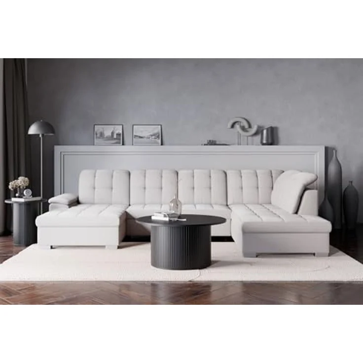 Selsey Ecksofa 330 x 212 cm U-Form Creme Modular Couch Sofa Mit Schlaffunktion Ottomane Sofa Mit Stauraum/Bettkasten verstellbare Kopfstützen Wasserabweisend, Abriebfest Linkse Seite – Bild 1