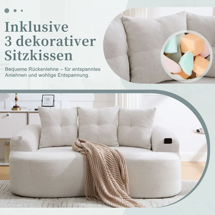 LVHOM 2-Sitzer Sofa mit 3 Kissen, Cloud Sofa mit komprimiertem Design, kein Aufbau erforderlich, Doppelsofa aus Chenille, Beige – Bild 8