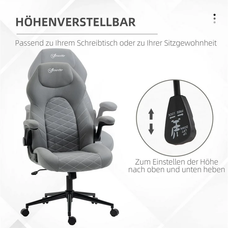 Vinsetto Bürostuhl Bürostuhl höhenverstellbarer Drehstuhl mit Verstellbaren Armlehnen (Computerstuhl, 1 St), Hellgrau 65,5 x 69,5 x 112-122 cm – Bild 3