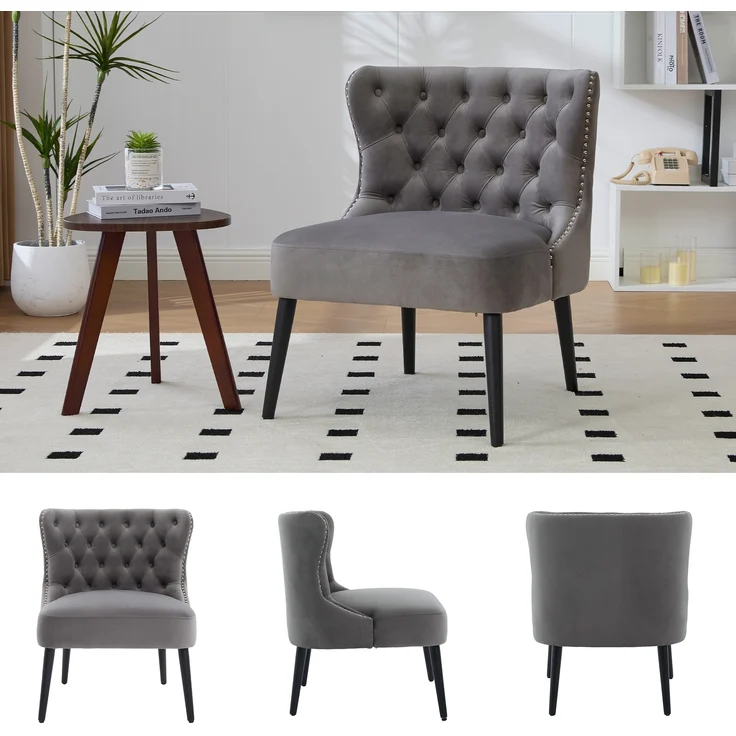 LVHOM Polsterstuhl aus Samt, Esszimmerstühle mit Knopfheftung, ohne Armlehnen, Massivholz Beine, Für Wohnzimmer, Büro & Schlafzimmer, Grau – Bild 8