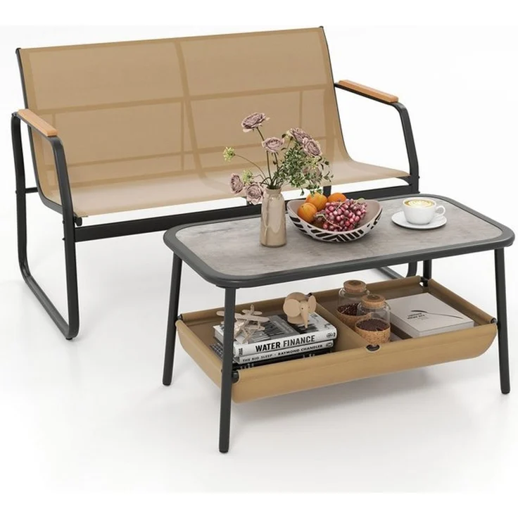 COSTWAY Balkonset, (2-tlg), 2-teilige Terrassenmöbel, Couchtisch-Set mit 2 Fächern – Bild 4