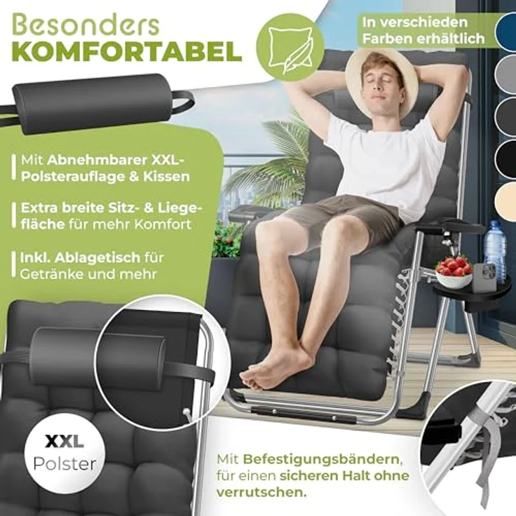 KESSER® Sonnenliege Liegestuhl Klappbar & Wetterfest, Gartenstuhl Belastbar 200kg Ergonomisches Polster Extra Breit Verstellbare Rückenlehne Gartenliege inkl. Nackenkissen & Getränkehalter, Anthrazit – Bild 4