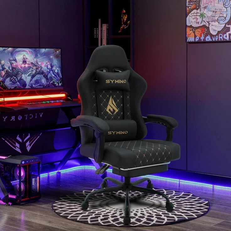 Symino Racing Gamer Stuhl mit Lendenwirbelstütze und Fußstütze, Stabil, Schwarz – Bild 2
