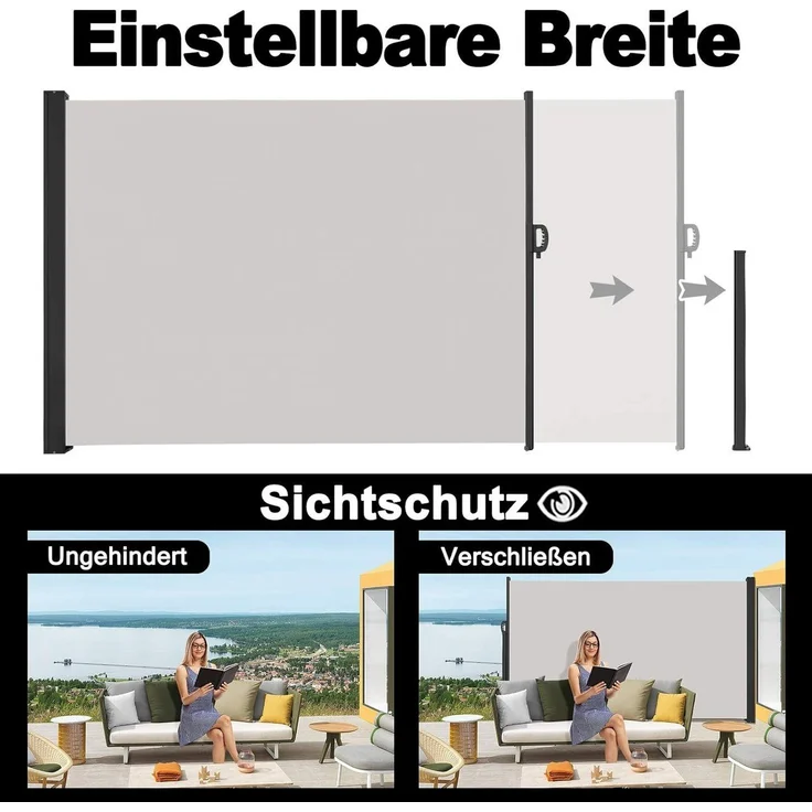 FIVMEN Markise Seitenmarkise Alu Ausziehbar Blickdicht Sonnenschutz mit Wandhalterung Sichtschutz Markise für Balkon, Terrasse, Garten – Bild 2