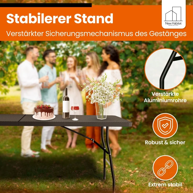NewHabitat Buffettisch klappbar – Gartentisch klappbar aus Polyrattan I Biertisch wetterfest & faltbar I Stabiler Klapptisch für Garten, Festivals, Camping & Outdoor-Events (Schwarz) 180 x75 x75 cm – Bild 8