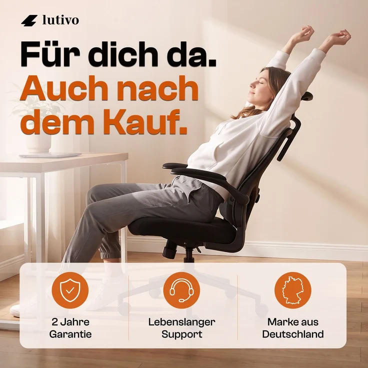 LUTIVO Charlie, ergonomischer Bürostuhl mit atmungsaktivem Mesh, Kopfstütze und Flip-Up Armlehnen, schwarz – Bild 6