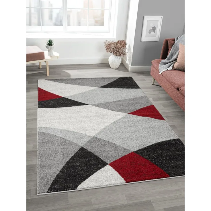 Mia's Teppiche "Mosaix - Moderner Dichter Kurzflor Teppich für Wohn- und Schlafzimmer, mit Konturenschnitt, Geometrischen Mustern, Kariert, in Grau Rot, 120x160 cm