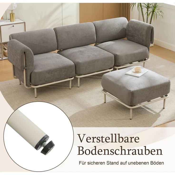 Modulares Dreisitzer-Sofa mit Hocker 251 x 155 x 78 cm – grauer Chenille-Bezug – Bild 6