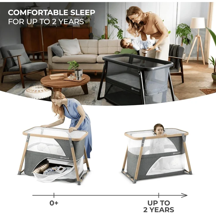 Kinderkraft Kinderreisebett 4 in 1 SOFI, Babybetten, Kinderbett, Baby Zustellbett, Reisebett mit Zubehör, mit Laufgitterfunktion, Modernes Design, Kleine Abmessungen nach Zusammenklappen, Grau – Bild 3