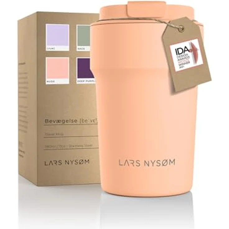 LARS NYSØM Thermo Kaffeebecher to go 380ml | Travel Mug 0,38 Liter mit Isolierung | Auslaufsicherer Edelstahl Thermobecher für Kaffee und Tee unterwegs | Teebecher (Creamy Peach, 380ml) – Bild 1