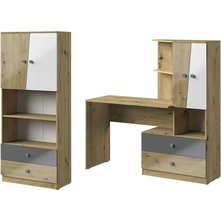 Arbeitszimmer Set "Nero" 2-teilig artisan eiche weiß grau Hochglanz