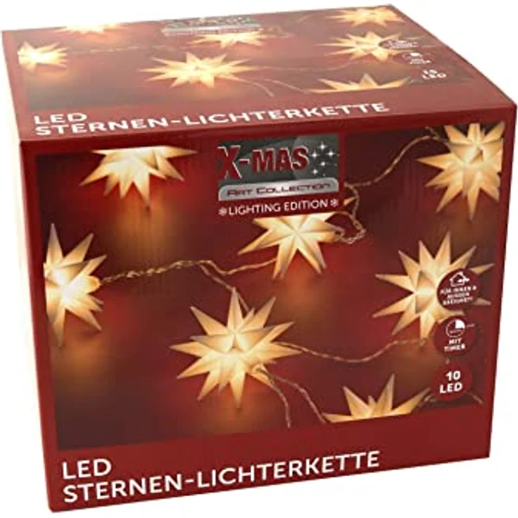 Expo Börse Lichterkette mit 10 weißen Weihnachtssternen, LED, 5,50 m, Batteriebetrieb, Timerfunktion – Bild 6