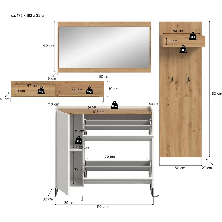 Garderoben-Set >Drive< in Weiß - 192x175x32cm (BxHxT) – Bild 4