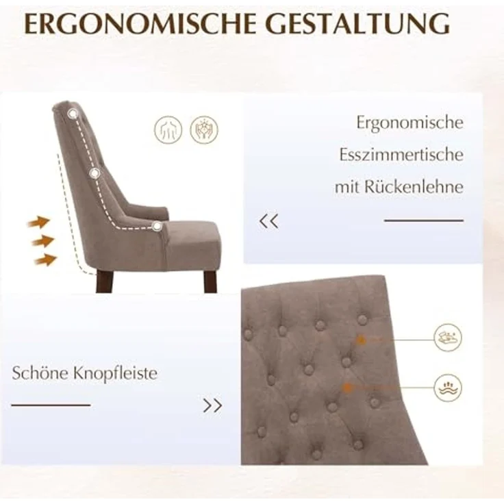 COLAMY Esszimmerstühle 2er Set, Moderne Küchenstuhl Gepolsterte Esszimmerstühle im Wingback, Polsterstuhl Wohnzimmerstuhl mit Knopfsteppung für Esszimmer, Küche, Restaurant mit Holzbeinen, Taupe – Bild 6