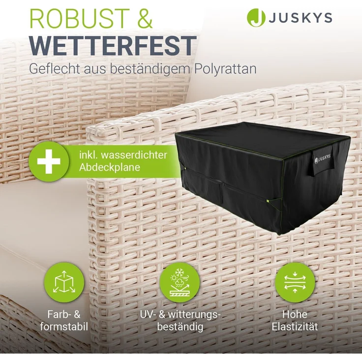 Juskys Polyrattan Gartenmöbel Sitzgruppe Turin Set 6 teilig inkl. Abdeckung - 7 Personen - Outdoor Möbel mit Sessel, Hocker, Tisch & Kissen - Garten Loungemöbel Creme / Sand – Bild 2