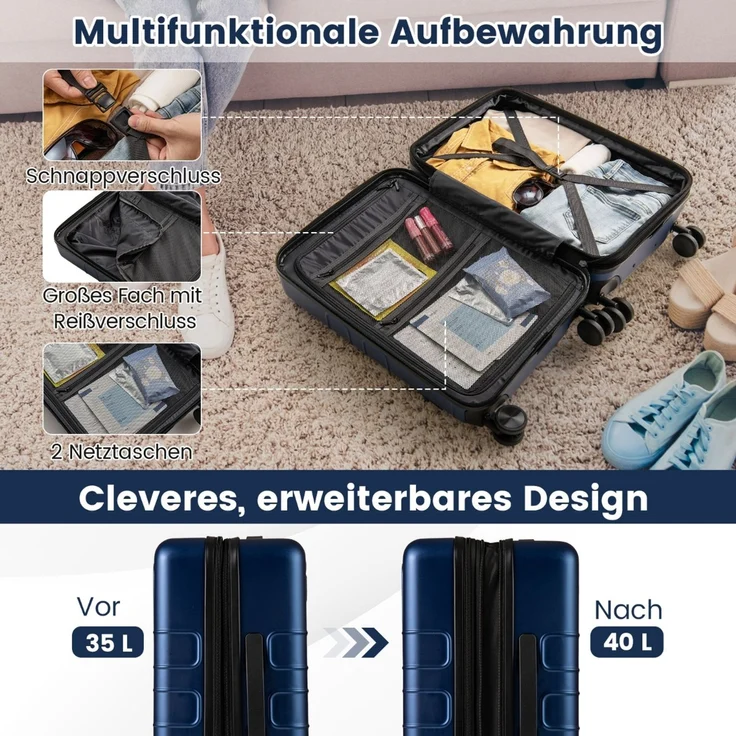 Erweiterbarer Reisekoffer leichter PC-Hartschalenkoffer 20 Zoll Flugzeugtaugliches Rollgepäck Marineblau SH429 – Bild 5