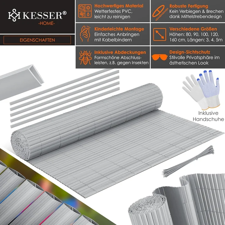 KESSER® PVC Sichtschutzmatte Sichtschutzzaun 160x500 cm | Balkonverkleidung Windschutz | verstärkte Lamellen für Garten Balkon & Terrasse | Balkonumrandung inkl. Kabelbindern & Abdeckung Hellgrau – Bild 2