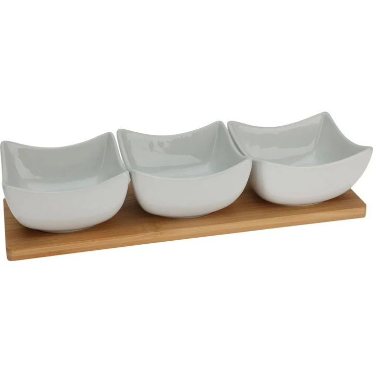 Koopman Servierschale Porzellan Servierset 4 Tlg. 30x10 cm 3 rechteckige Schalen Weiß Brett, Porzellan, (1-tlg), 3 Schalen, Bambus Tablett, Porzellan Schalen, Snackschale – Bild 2