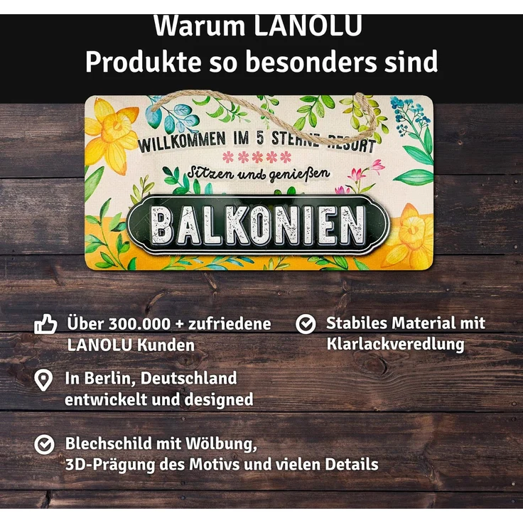 LANOLU Blechschild Balkonien 5 Sterne - 16x32cm – Metall – Mehrfarbig – 16107 – Bild 5