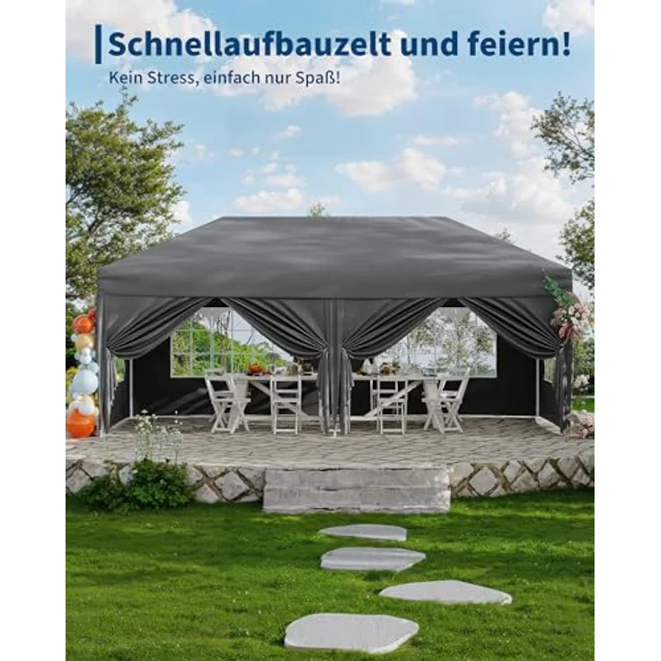 Faltpavillon 3x6 m wasserdicht stabil mit 6 Seitenwänden – Pop up Pavillon faltbar aus 420D Oxford, UV-Schutz 50+, 3-Fach höhenverstellbar, Partyzelt mit Tragetasche für Garten & Outdoor Grau – Bild 7