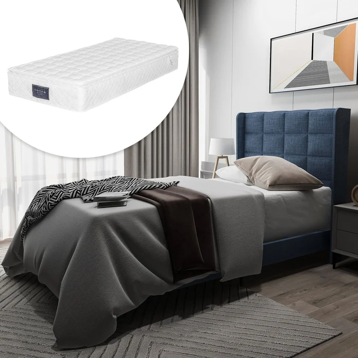 EINHOM Modernes Design Polsterbett mit Seinem Gepolstertes Kopfteil Einzelbett mit Lattenrost, 90 x 200 cm, in Blau Leinen, Mittelfest, (Mit Matratze) – Bild 1