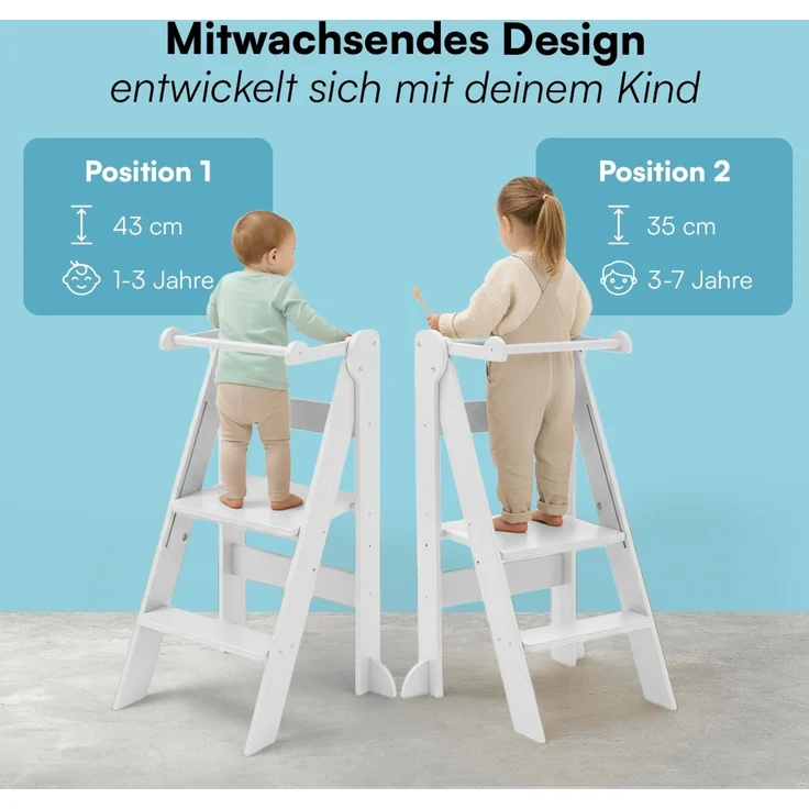 Bellabino 'Tay' Lernturm für Kinder ab 1 Jahr, Tritt 2-fach höhenverstellbar, weiß, Birke Sperrholz, klappbar, Tritthocker bis 50 kg belastbar – Bild 4