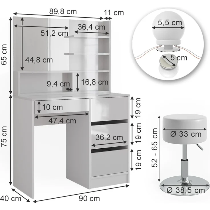 Schminktisch Sherry Weiß 90 cm mit LED Beleuchtung, Hocker und Spiegelregal Vicco – Bild 3
