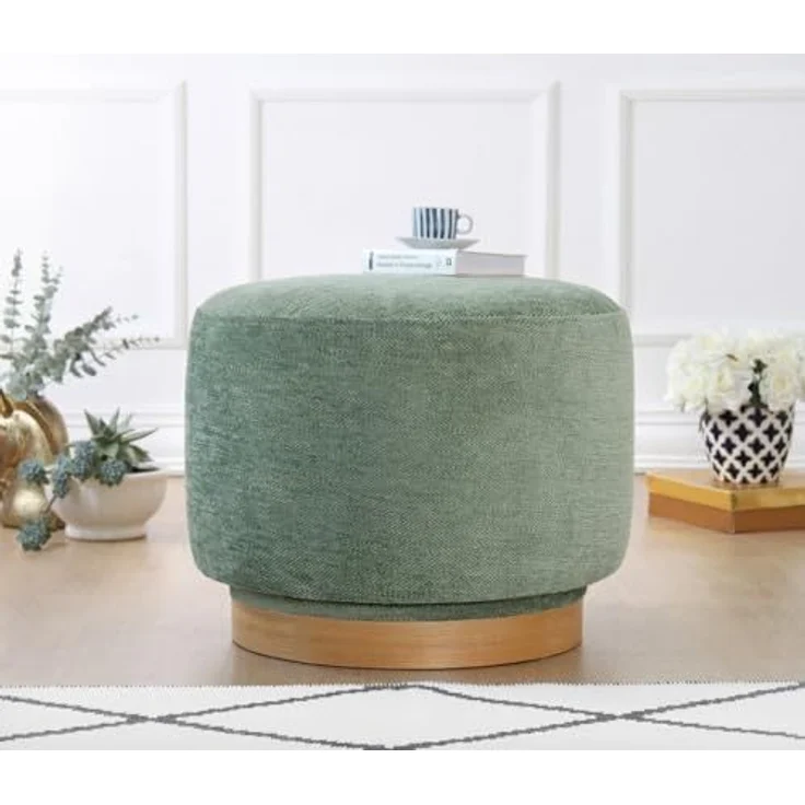 Stylish Green Pouffe, 100% Cotton, 360° Rotatable, Oak Wood Legs, 55 x 43 x 55 cm | Medium Hard Sponge (35 DNS) | Perfect for Modern Living Spaces – Bild 1