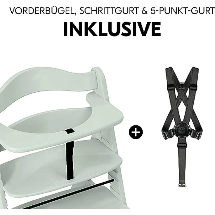 Hauck Kinder Hochstuhl Alpha+ - Mitwachsender Holz Babystuhl (FSC zertifiziert), Kinderhochstuhl ab 6 Monate, verstellbar, mit Schutzbügel, Schrittgurt und 5-Punkt-Gurt - Mint – Bild 3