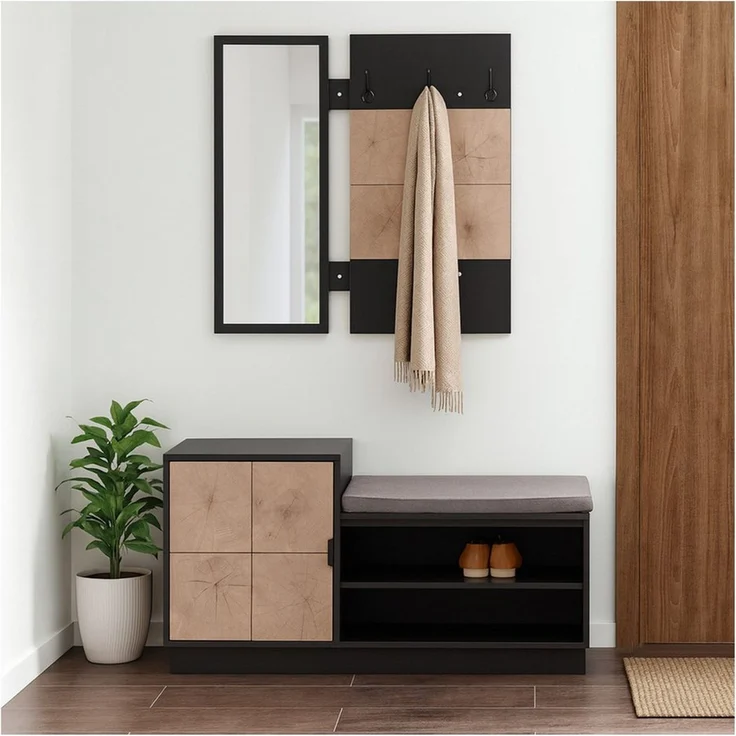 HTI-Living Garderobe Garderobenpaneel mit Spiegel und Schuhbank (Set, 2 St, 1 Garderobenpaneel mit Spiegel, 1 Schuhbank), Set Wandgarderobe und Schuhregal mit Sitzkissen – Bild 4