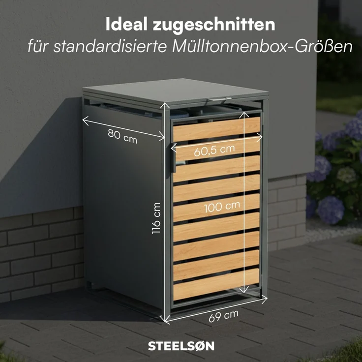 STEELSØN 'Kestra' Mülltonnenbox 1er 240 Liter, anthrazit mit Holzoptik, Mülltonnenverkleidung aus Stahl, wetterfest, 116x80x69 cm, Müllbox für 1 Tonne – Bild 6