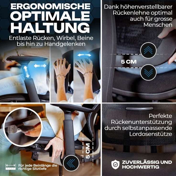 VALKENSTOL M6 POLSTER-SITZ Bürostuhl ergonomisch mit Schaumstoff Sitz - 5 Jahre Garantie - adaptive Lordosenstütze - verstellbare Sitztiefe – Bild 8