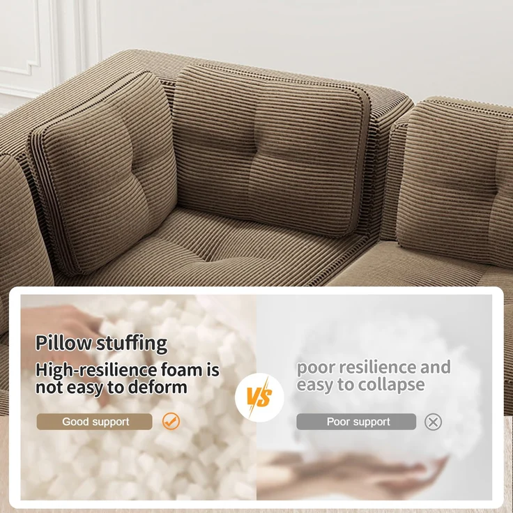 U-förmiges Sofa mit 1 Fußhocker mit Cordbezug und beweglicher Fußauflage, rahmenfreie Lounge-Couch mit breiten Armlehnen ohne Montage, Braun – Bild 26
